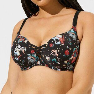 NWT Torrid 38D XO Plunge Push-Up Bra Sink Or Swim Tattoo Black